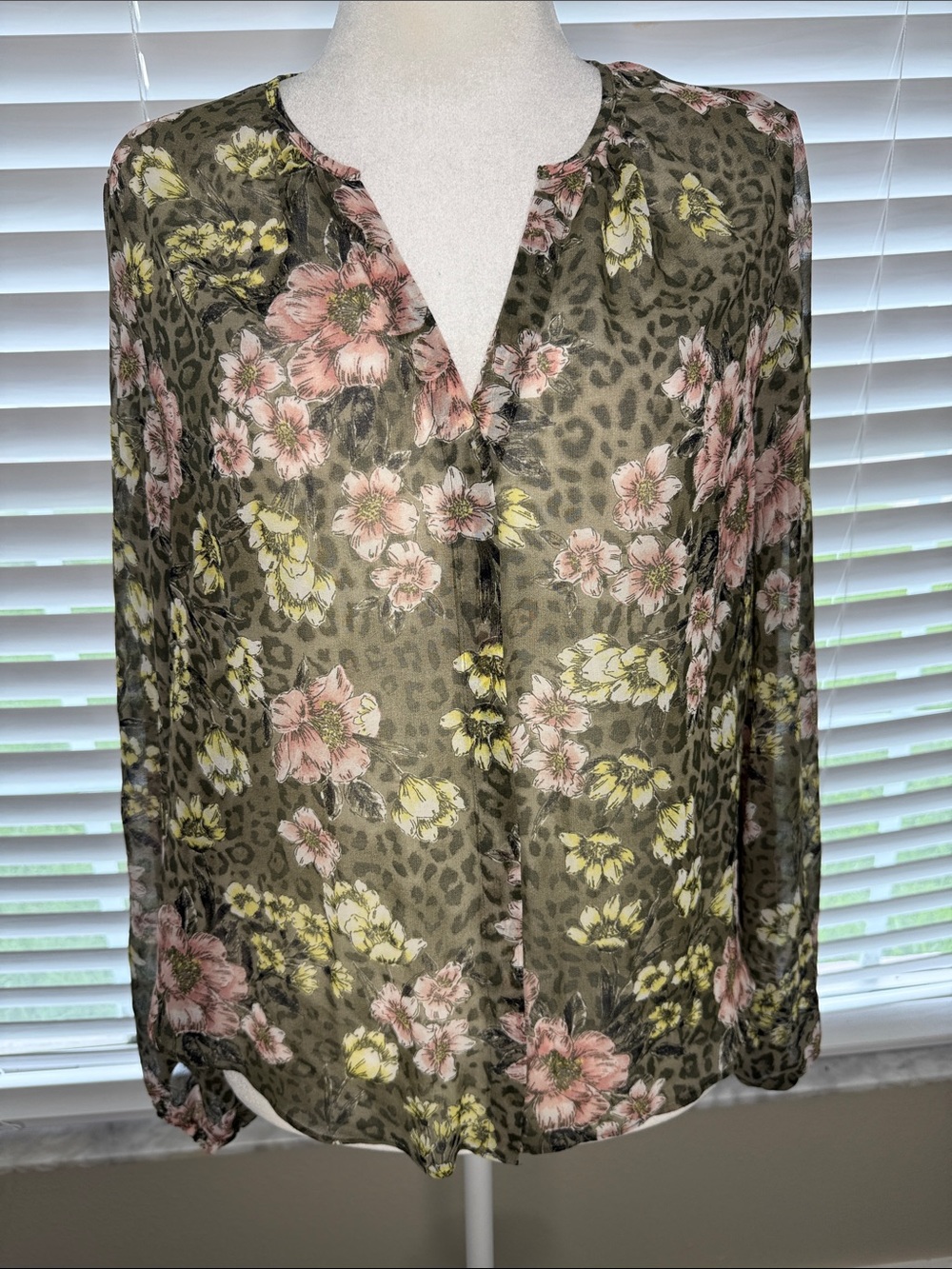 White House Black Market Olive Sheer Floral Blouse